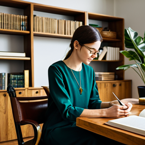 A serene individual, fully clothed in modest, comfortable professional attire, thoughtfully holding an antique brass compass in a sunlit, modern home office. The space features shelves filled with books, a flourishing green plant, and a comfortable ergonomic chair, emphasizing a balanced, self-directed learning environment. The focus is on introspection, personal growth, and well-being in the pursuit of knowledge. safe for work, appropriate content, fully clothed, modest, perfect anatomy, correct proportions, natural pose, well-formed hands, proper finger count, natural body proportions, professional photography, high quality, soft natural light.