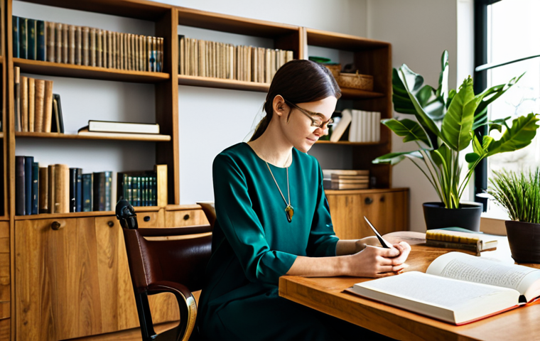 A serene individual, fully clothed in modest, comfortable professional attire, thoughtfully holding an antique brass compass in a sunlit, modern home office. The space features shelves filled with books, a flourishing green plant, and a comfortable ergonomic chair, emphasizing a balanced, self-directed learning environment. The focus is on introspection, personal growth, and well-being in the pursuit of knowledge. safe for work, appropriate content, fully clothed, modest, perfect anatomy, correct proportions, natural pose, well-formed hands, proper finger count, natural body proportions, professional photography, high quality, soft natural light.
