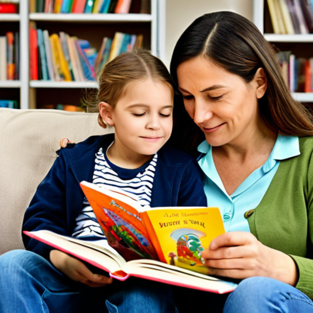 Family Reading Together**
"A warm and inviting living room scene, a mother and child are sitting comfortably on a sofa, fully clothed in modest attire, reading a colorful children's book together, soft lighting, cozy atmosphere, bookshelves in the background, safe for work, appropriate content, professional, perfect anatomy, natural pose, well-formed hands, proper finger count, natural body proportions, family-friendly."
**