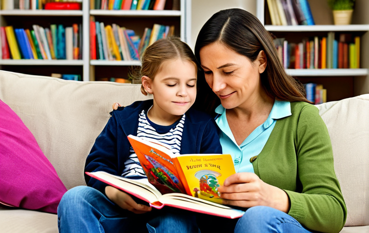 Family Reading Together**
"A warm and inviting living room scene, a mother and child are sitting comfortably on a sofa, fully clothed in modest attire, reading a colorful children's book together, soft lighting, cozy atmosphere, bookshelves in the background, safe for work, appropriate content, professional, perfect anatomy, natural pose, well-formed hands, proper finger count, natural body proportions, family-friendly."
**