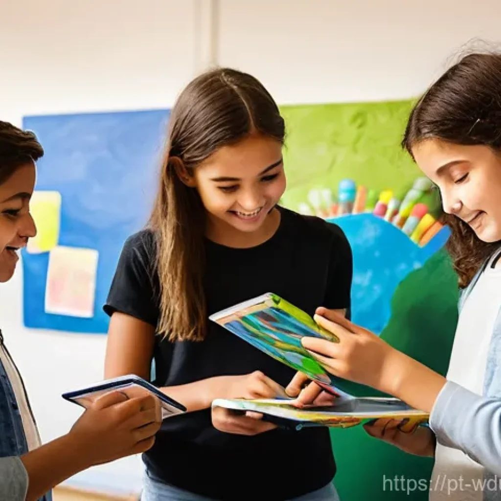 전인적 교육 접근에서의 차별화된 학습 - **Prompt:** A vibrant, sunlit open-plan learning space in a modern Portuguese school. Diverse studen...