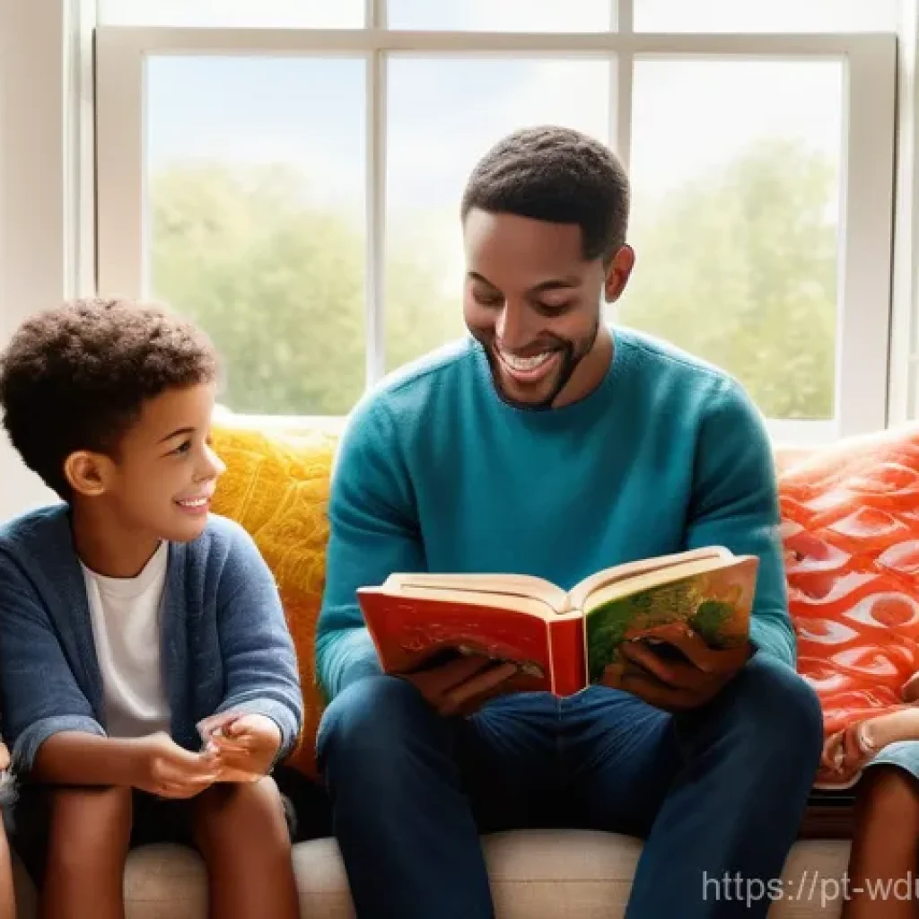 전인적 교육 접근을 위한 스토리텔링 활용법 - A heartwarming scene of a diverse group of young children (ages 5-8) gathered in a cozy, sunlit read...