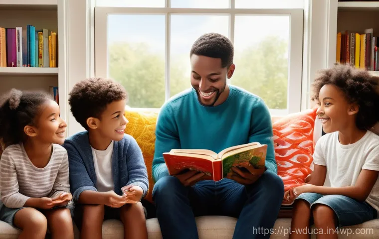 전인적 교육 접근을 위한 스토리텔링 활용법 - A heartwarming scene of a diverse group of young children (ages 5-8) gathered in a cozy, sunlit read...