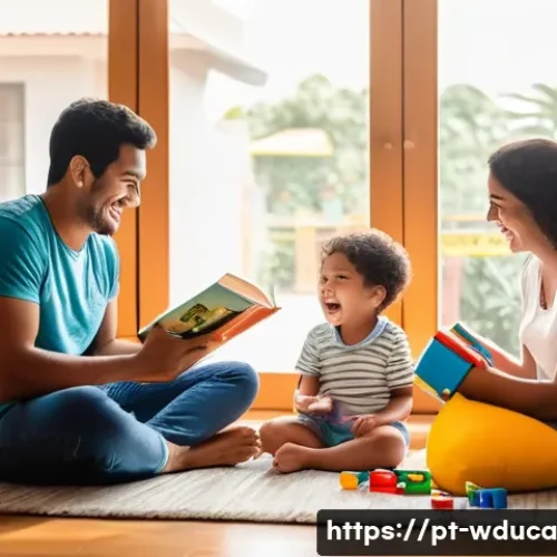 Home 32 전인적 교육 접근과 인지 발달 이론 - A warm family living room scene in Brazil, featuring parents and siblings engaging in a storytelling...