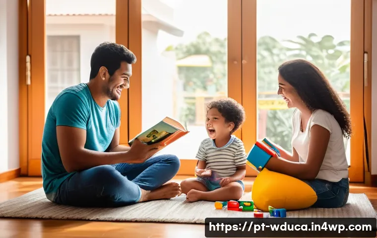 전인적 교육 접근과 인지 발달 이론 - A warm family living room scene in Brazil, featuring parents and siblings engaging in a storytelling...