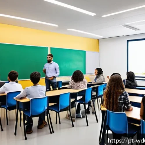 Home 31 전인적 교육 접근을 위한 교사 연수 프로그램 - A modern classroom scene in a Brazilian school setting, featuring a diverse group of teachers engage...