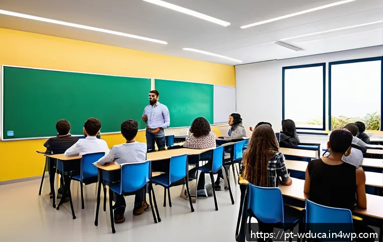 전인적 교육 접근을 위한 교사 연수 프로그램 - A modern classroom scene in a Brazilian school setting, featuring a diverse group of teachers engage...
