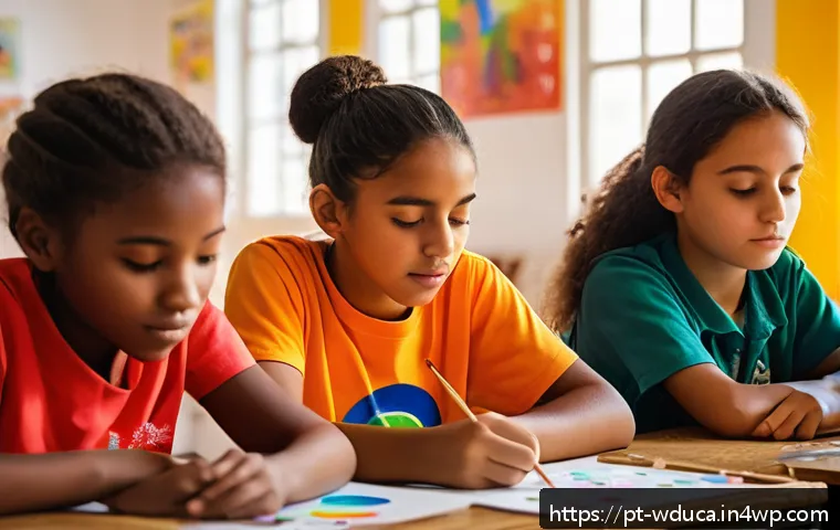 전인적 교육 접근의 통합적 접근 방법 - A diverse classroom scene showing a group of Brazilian students aged 10-12 engaged in a holistic edu...